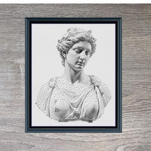 Könnte beinhalten: Gerahmte Schwarz-Weiß-Illustration einer klassischen griechischen Frauenbüste. Das Bild, eine Punktzeichnung, befindet sich vor einem weißen Hintergrund in einem schwarzen Rahmen. Das Kunstwerk trägt den Titel "Greek Woman" und misst 225 x 280.