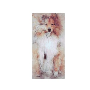 May include: Watercolour cross stitch pattern of a Sheltie dog. The pattern is for a 120 x 240 stitch count. The pattern can be stitched on 14 count fabric, 18 count fabric, or 25 count fabric. The finished sizes are 9 inches by 17.5 inches, 7 inches by 13.5 inches, and 5 inches by 10 inches, respectively. Copyright 2021 StitchingJulesDesign.