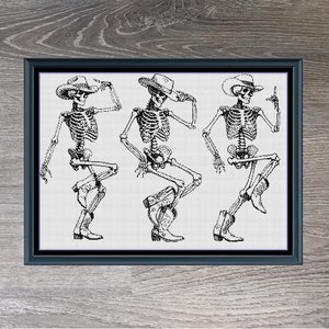 May include: Black and white cross-stitch pattern of three skeletons wearing cowboy hats and boots, dancing. The pattern is titled "Cowboy Skeleton Dance" and measures 341 x 239 stitches.