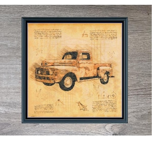 May include: Framed print featuring a vintage truck design. The artwork showcases a detailed sketch of an old pickup truck in shades of brown and tan, set against a parchment-like background. The text "Vintage Truck Design" is displayed below the image.