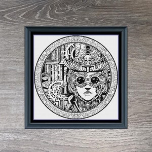 Personnage steampunk Sci Fi monochrome motif point de croix compté | Téléchargement instantané PDF