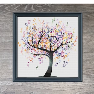 Musical Notes Tree Colorful Cross Stitch Needlepoint Embroidery Pattern