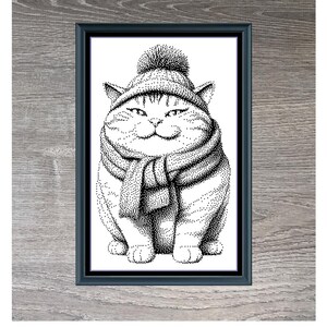 May include: Black and white illustration of a cat wearing a winter hat and scarf. The cat is sitting and smiling. The image is framed and has the text "Cheery Kitty" and "161 x 262" below it.