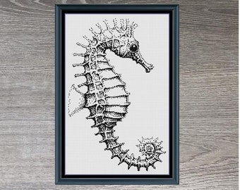 Seahorse Ocean Animal Mini Monochrome Counted Cross-Stitch Pattern | Instant Download PDF