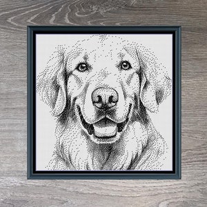 Könnte beinhalten: Schwarzweißes Pixel-Art-Bild eines Golden Retriever-Hunde-Kopfes. Das Bild ist gerahmt und hat den Text "Golden Retriever" und "239 X 240" unter dem Bild.