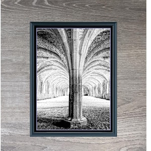May include: Black and white photograph of an arched stone ceiling in a building. The photo is framed in a black frame and is titled "Abby Cellar" with the dimensions 354 x 488.