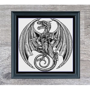 May include: Black and white illustration of a dragon with wings spread wide. The dragon is in a frame with a wood grain background. The text "Dragon Monochrome" is below the image.