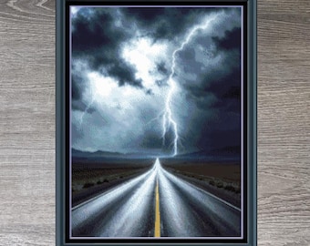 Storm Lightning Road Landscape Full Coverage Counted Cross Stitch Pattern Digital Download