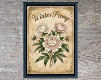 Winter Peony Flower Full Coverage Counted Cross-Stitch Pattern (Digital Download)