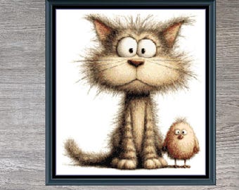 Cat Chicken Animal Funny Counted Cross-Stitch Pattern (Digital Download)