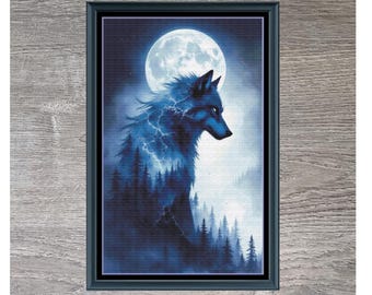 May include: Framed artwork depicting a blue wolf against a full moon and forest. The image is titled "Full Moon Wolf" and measures 25.0 cm x 40.0 cm. The image also includes the text "Stitching Jules Design".