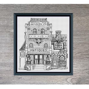 Kruissteekpatroon antiekwinkel: vintage etalage, zwart-wit (pdf-patroon)