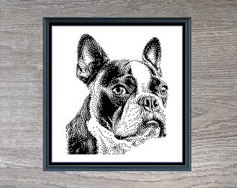 Boston Terrier Dog Breed Monochrome Counted Cross-Stitch Pattern (Digital Download)