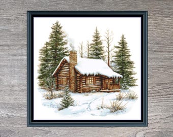Winter Cabin Mountains Counted Cross-Stitch Pattern (Digital Download)