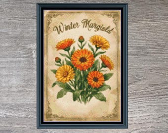 Winter Marigold Flower Floral Full Coverage Counted Cross-Stitch Pattern (Digital Download)