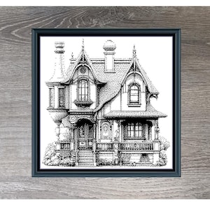 May include: A black and white cross-stitch pattern of an eclectic house with a detailed facade. The pattern is framed in a dark wood frame and set against a woodgrain background. The text "Eclectic House" and "278 x 280" are below the image.