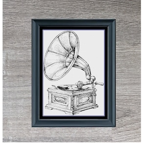 May include: Black and white line drawing of an antique gramophone with a large horn. The image is framed in a black frame with a gray wood background. The text "Gramophone" is below the image.