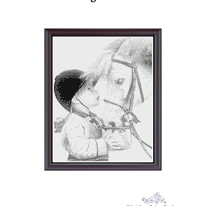 Little Girl Feeding Horse Monochrome Counted Cross Stich Pattern Embroidery Pattern Needlepoint Pattern PDF Download