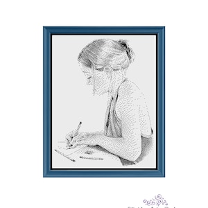 Könnte beinhalten: Schwarzweißes Pixel-Art-Bild einer Person, die in ein Notizbuch zeichnet. Das Bild ist in einem blauen Rahmen gerahmt und der Titel "The Artist" befindet sich über dem Bild.