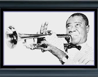 Louis Armstrong Jazz Trumpet Musician Monochrome Counted Cross Stitch Pattern PDF Digital Download Pattern Keeper Ready