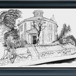 May include: Black and white line art drawing of a round house with a porch and a tree in front of it.