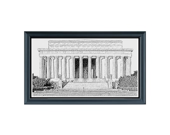 Lincoln Memorial Sketch Monochrome Cross Stitch Embroidery Needlepoint Pattern PDF Instant Download