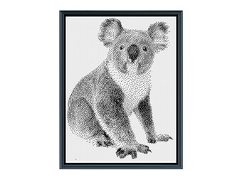 May include: Black and white illustration of a koala bear, created with small dots, in a black frame. The title "Koala Bear" is above the image.