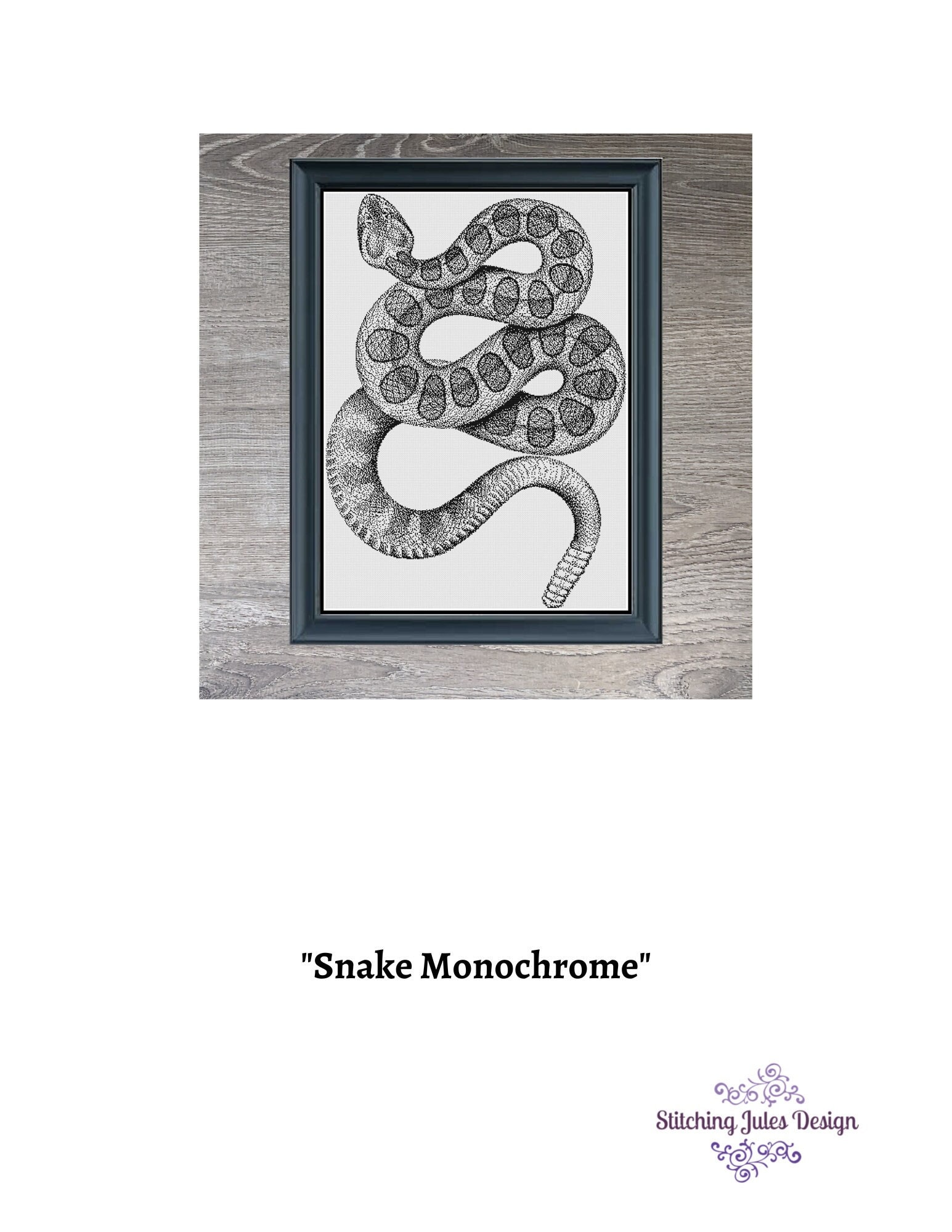 蛇のブラックワーククロスステッチパターン：爬虫類の刺繍（PDF