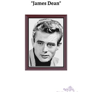 Puede incluir: Retrato en pixel art en blanco y negro de James Dean en un marco. La imagen está titulada "James Dean".
