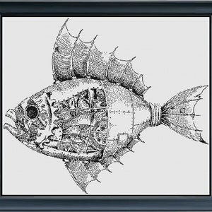 Steampunk Fish Monochrome Cross Stitch Needlepoint Embroidery Pattern - Instant Download - Pattern Keeper Ready