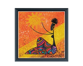 Sun Worship African Maiden Culture Woman Modern High Quality Counted Cross Stitch Pattern Instant PDF Download Pattern Keeper Ready