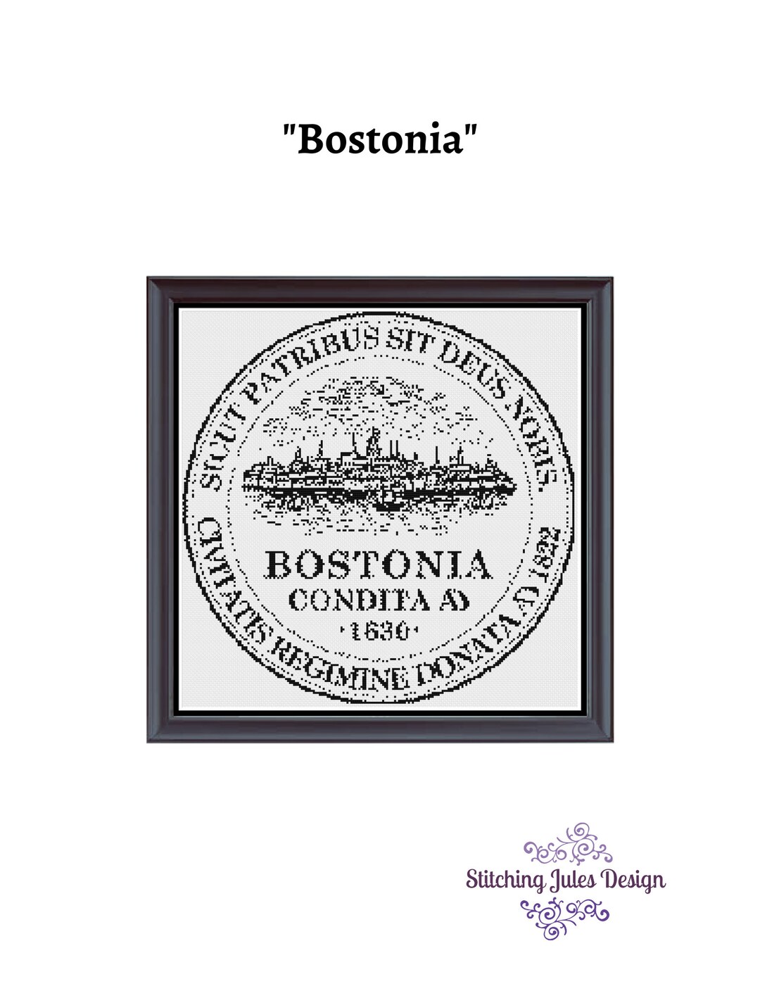Bostonia City Seal Boston Massachusetts States Monochrome Cross Stitch