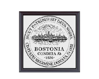 Bostonia City Seal Boston Massachusetts States Monochrome Cross Stitch Embroidery Needlepoint Pattern PDF Download