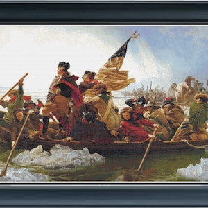 May include: A painting depicting a group of men in a boat rowing across a frozen river. The men are holding American flags and are dressed in military uniforms. The painting is set against a backdrop of a snowy landscape.