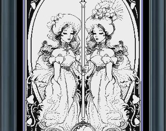 Gemini Tarot Card Cross Stitch Pattern: Zodiac Blackwork (instant