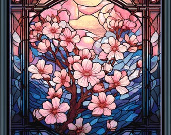 桜のステンドグラス クロスステッチ図案（デジタルダウンロード