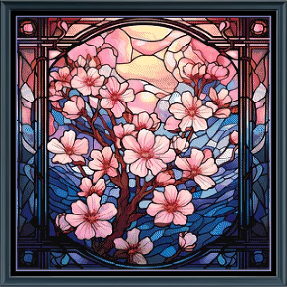 桜のステンドグラス クロスステッチ図案（デジタルダウンロード