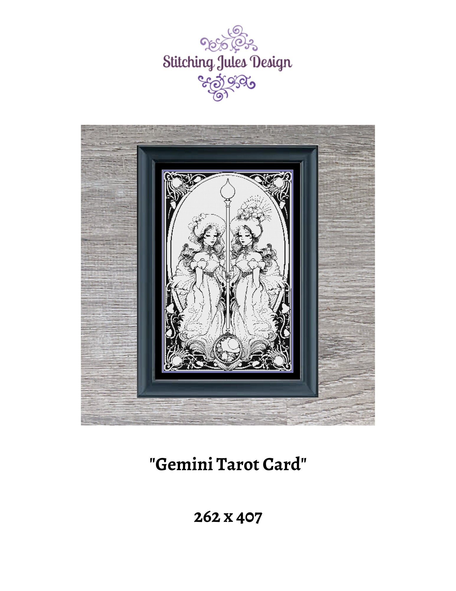 Gemini Tarot Card Cross Stitch Pattern: Zodiac Blackwork (instant
