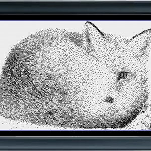 May include: A black and white stippled image of a fox curled up and sleeping. The fox's fur is detailed with stippling, creating a textured effect.