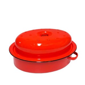 Vintage Enamel Red & White Roasting Pan with Lid, Vintage Oven Dish (#2968)