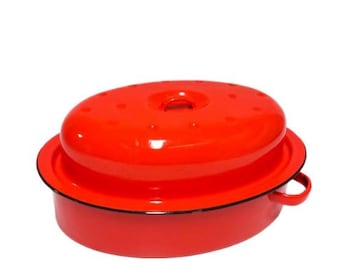 Vintage Enamel Red & White Roasting Pan with Lid, Vintage Oven Dish (#2968)