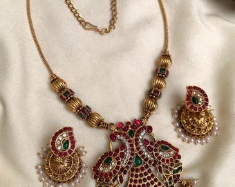 Antique Gold Tone Peacock Necklace Set | Kemp Stone Ruby Emerald Pendant | Indian Temple Jewelry with Pearl Jhumkas