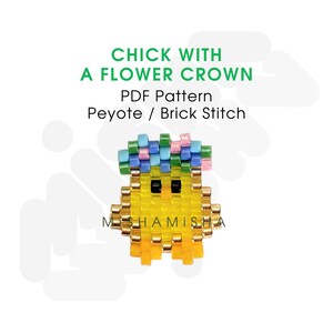 Peut inclure: Un poussin jaune avec une couronne de fleurs en perles colorées. Le poussin porte une couronne de fleurs avec des perles roses, bleues et vertes. Le poussin est un motif de sprite en perles pour le point de peyote ou le point de brique.