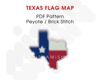 May include: A PDF pattern for a peyote or brick stitch beaded Texas flag map. The map is in the shape of the state of Texas and is colored in the colors of the Texas flag: blue, white, and red.