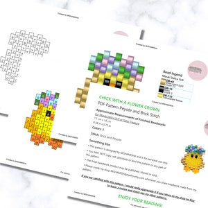 May include: Several printed pages with a beadwork pattern for a chick with a flower crown. The pattern includes a color chart, bead legend, and instructions. The finished beadwork is approximately 0.58 inches by 0.72 inches.