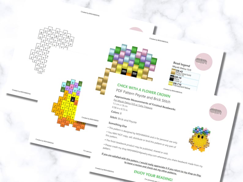 May include: Several printed pages with a beadwork pattern for a chick with a flower crown. The pattern includes a color chart, bead legend, and instructions. The finished beadwork is approximately 0.58 inches by 0.72 inches.