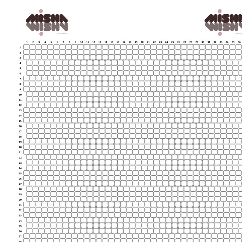 May include: A grid-style design with a repeating pattern of small, rounded squares. The image features the text "MISHA WISHY HANDMADE" in a stylized font at the top. Numbers 1-36 are listed horizontally and 1-38 vertically.