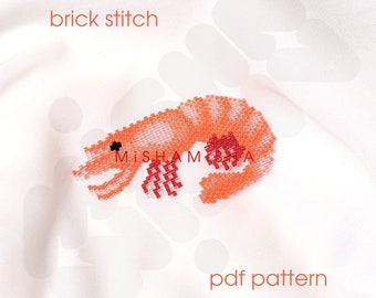May include: An orange and white beaded shrimp, created using the brick stitch technique, is displayed on a white background. The text "brick stitch" and "pdf pattern" are visible. The shrimp has red accents.
