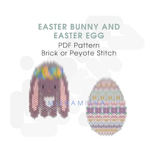 Może przedstawiać: Wzór PDF do koralikowania królika wielkanocnego i jajka. Królik jest fioletowy z tęczową koroną kwiatową i różowymi uszami. Jajko jest pastelowo niebieskie, różowe i zielone na białym tle. Wzór jest do ściegu ceglanego lub peyote.