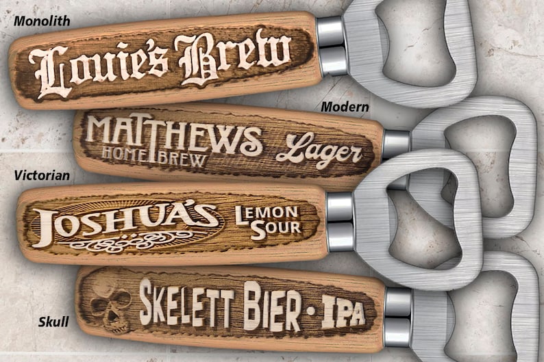 May include: Four wooden bottle openers with different designs. The designs include a skull, a Victorian style design, a modern design, and a design with the text "Louie's Brew".